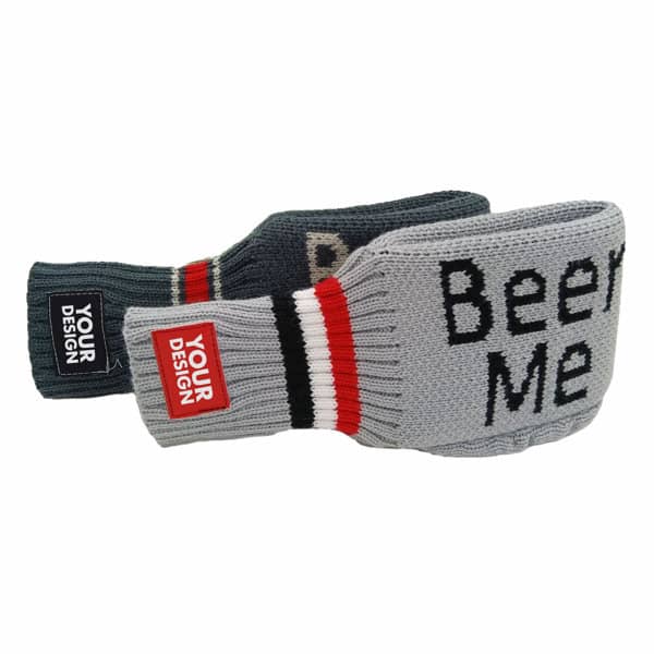 A crochet beverage mitt in grey and black, featuring ribbed cuffs and a logo. Crochet Beverage Beer Mitt - Image 1