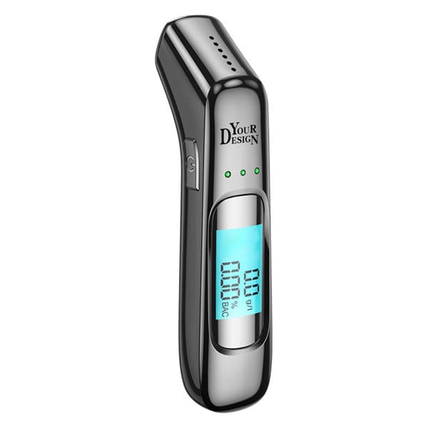 A sleek black alcohol breath tester with a digital display and three indicator lights. Alcohol Breath Tester With Digital Display - Image 1