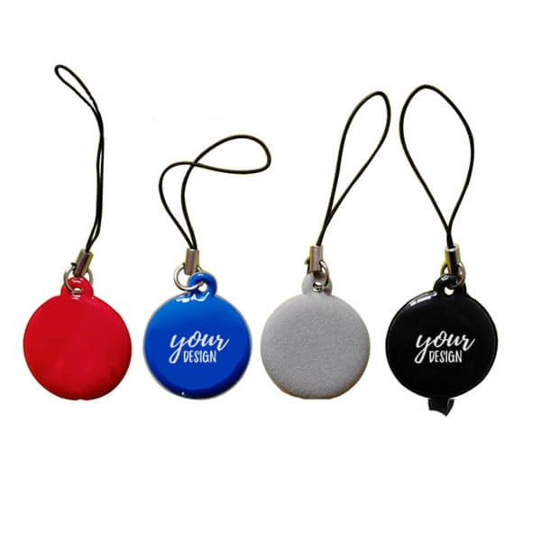 A set of mobile phone screen cleaner keychains in red, blue, grey, and black, each with a logo and a strap. Mobile Phone Screen Cleaner Keychain - Image 1