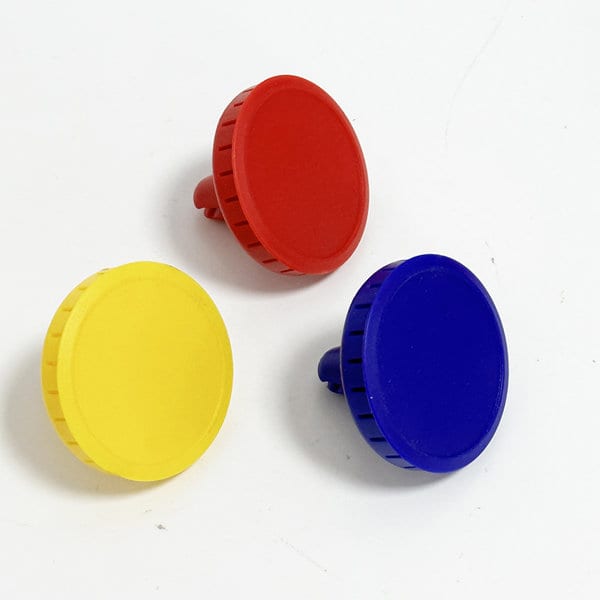 Three circular clip-on air fresheners in red, yellow, and blue on a white background, featuring a simple design. Personalised Clip On Car Vent Air Fresheners - Image 1