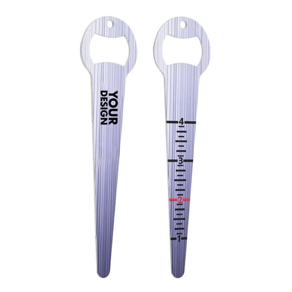 A drink bottle opener and seed depth tool in silver, featuring a logo and measurement markings on one side. Custom Bottle Opener Seed Depth Tool - Image 1