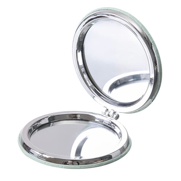 A custom folding pocket mirror with a polished silver exterior and a clear reflective surface inside. Custom Folding Pocket Mirror - Image 1