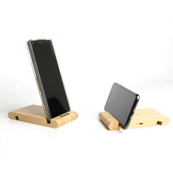 A bamboo wireless charger phone stand with two angles, featuring a sleek, natural wood finish for a modern look. Bamboo Wireless Charger Phone Stand - Image 1