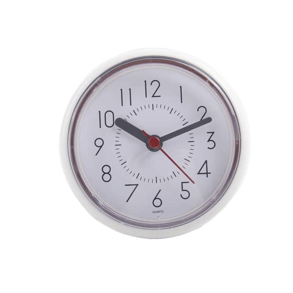 A round white waterproof kitchen clock with bold black numbers and red hands, featuring a suction cup on the back. Waterproof Kitchen Clock With Suction Cup - Image 1