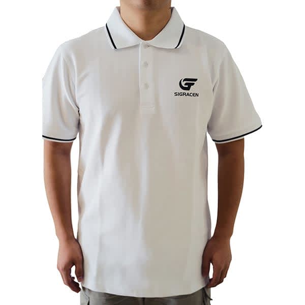 A white polyester cotton blend polo shirt with a logo, featuring black collar and sleeve trims. Polyester Cotton Blend Polo Shirt - Image 1