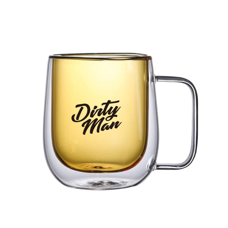 A double layer clear coffee mug with a handle, featuring a gold interior and a colourful design. 250ML Double Layer Colored Clear Coffee Mug With Handle - Image 1