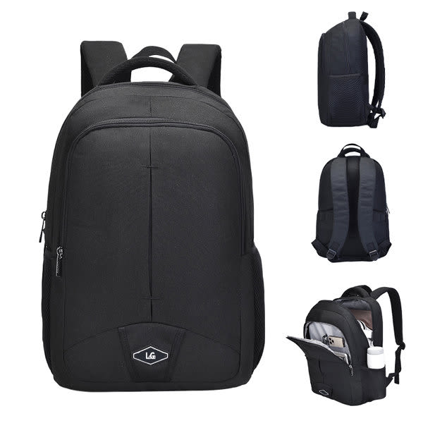 A black waterproof backpack with adjustable straps, multiple compartments, and a logo on the front. Business Waterproof Backpack - Image 1