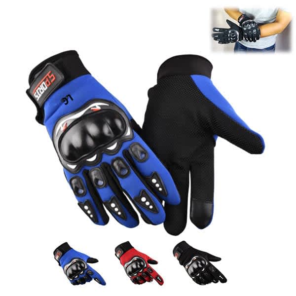 A pair of outdoor motorcycle gloves in blue and black, featuring protective knuckles and a logo. Outdoor Motorcycle Gloves - Image 1