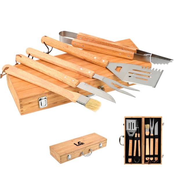 A bamboo BBQ tool set featuring five tools including a spatula, tongs, and a basting brush in a wooden case. 5 Pcs Bamboo BBQ Tool Set - Image 1