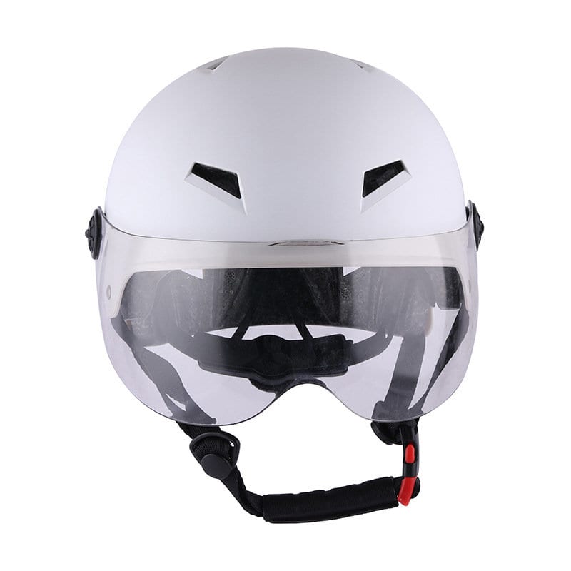 A white electric vehicle helmet with a transparent visor and adjustable chin strap. It features ventilation openings. Adult Electric Vehicle Helmet - Image 1