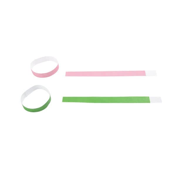 Three disposable paper wristbands in pink and green and featuring a logo. Disposable Paper Wristband - Image 1