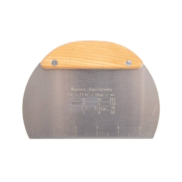 A stainless steel dough scraper with a wooden handle and measuring scale engraved on the metal surface. Stainless Steel Wood Handle Dough Scraper With Scale - Image 1