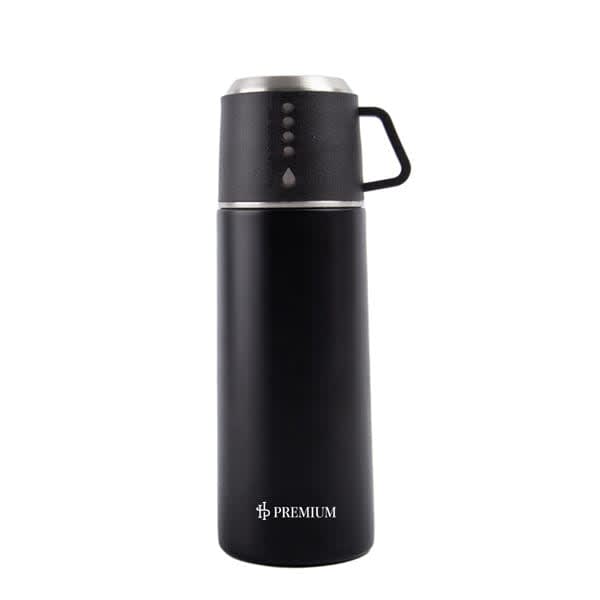A drink bottle in matte black featuring a double wall design, a handle, and a lid with a branding logo. 12 oz. Double Wall Gift Travel Vacuum Flask With Cup - Image 1