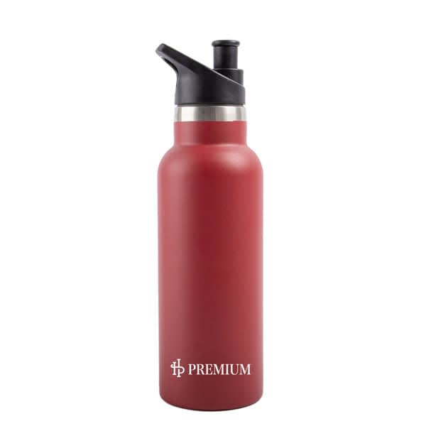 A drink bottle in vibrant red with a black straw lid and a silver accent, featuring a logo. 16 oz. Insulated Sport Water Bottle With Straw Lid - Image 1