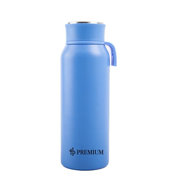 A drink bottle in blue with a stainless steel lid and a handle, featuring a logo. Double wall insulated design. 18 oz. Stainless Steel Double Wall Insulated Water Bottle - Image 1