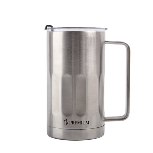 A drink bottle with a stainless steel finish, featuring a lid and a sturdy handle, and includes a logo. 23 oz. Stainless Steel Insulated Beer Mug With Lid - Image 1