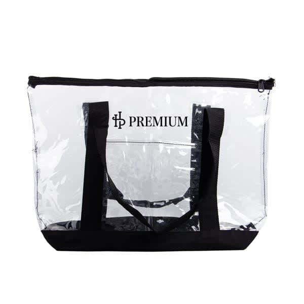 A large clear beach tote bag with black straps and a zipper, featuring a logo on the front. Large Clear Beach Tote Bag With Zipper - Image 1