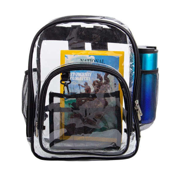 A transparent backpack with black straps, featuring a drink bottle holder and magazines inside. Heavy Duty Transparent Book Bag - Image 1