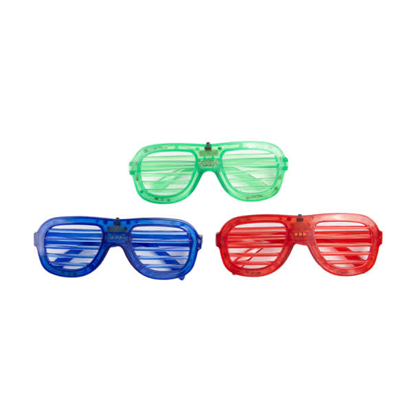 A set of LED plastic light-up glasses in green, blue, and red, featuring horizontal slats and a logo. LED Plastic Light Up Glasses - Image 1