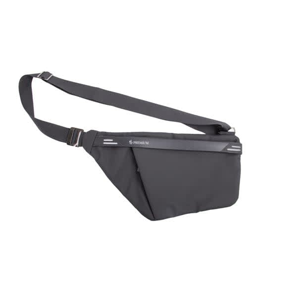A grey polyester crossbody sling bag with adjustable strap and branding. Men’s Custom Sling Bag - Image 1