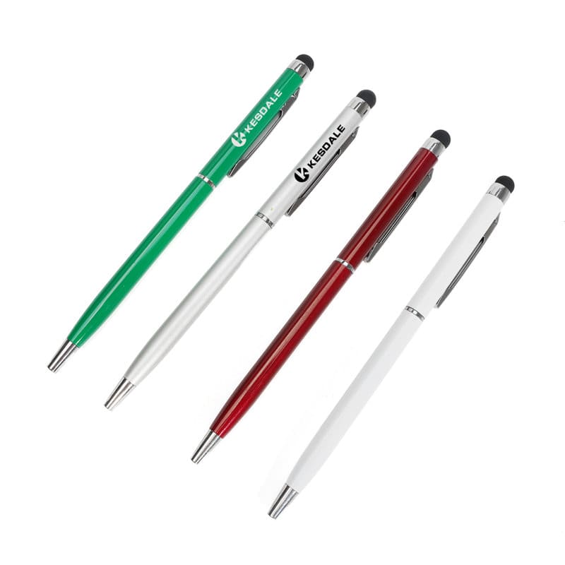 A collection of four ballpoint pens with stylus tips, in green, red, silver, and white, featuring branding. Ballpoint Pen With Stylus Tip - Image 1