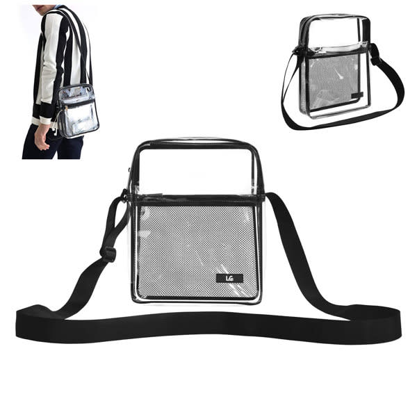 A small clear crossbody bag with a mesh compartment and a black strap, featuring a logo and a transparent design. Small Clear Crossbody Bag With Mesh Compartment - Image 1