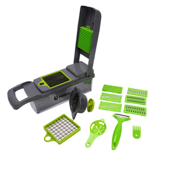 A multifunctional kitchen slicer in grey and green, featuring multiple slicing attachments and a storage container. 12 Pcs Multifunctional Kitchen Slicer - Image 1