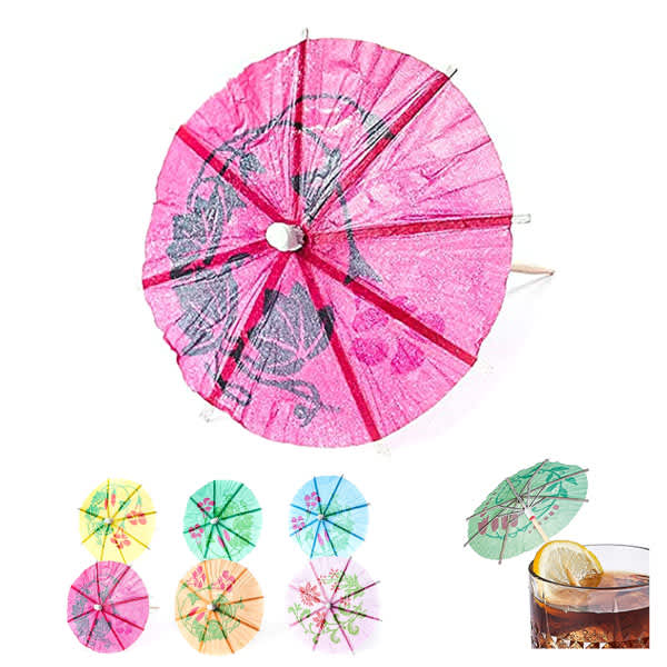 A set of vibrant cocktail umbrellas in various colours, including pink, green, and yellow, with a decorative design, featuring a logo. Paper Cocktail Umbrella - Image 1