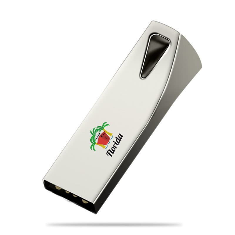 A silver 32 GB USB flash drive with a logo featuring a watermelon and palm tree design. 32 GB USB Flash Drive - Image 1
