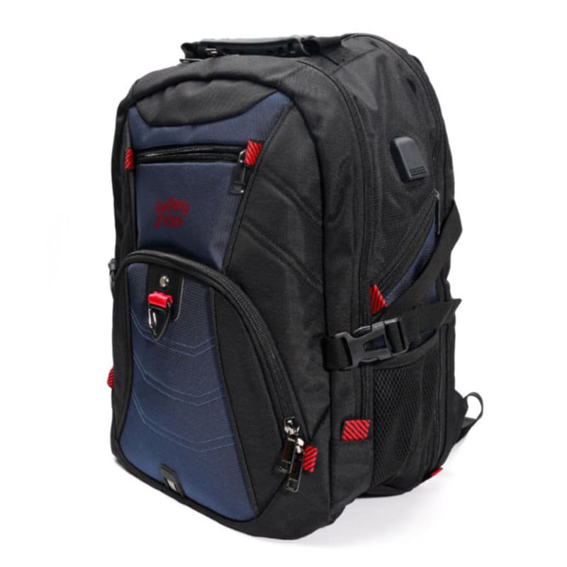 A large travel laptop backpack in black and navy, featuring multiple compartments and a logo. Large Travel Laptop Backpack - Image 1