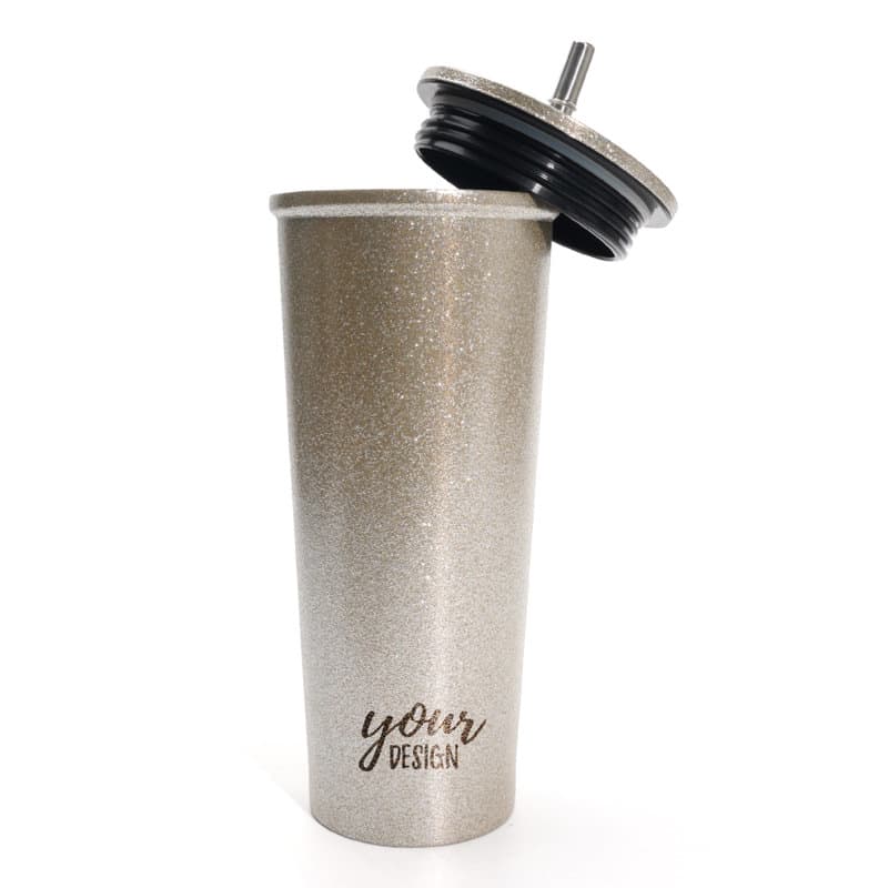 A drink bottle in a metallic silver finish with a black straw and lid. It features a space for custom design. 24 oz. Stainless Steel Water Cup With Straw - Image 1