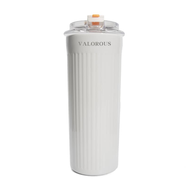A 17 oz. white stainless steel coffee cup with a ridged design and a transparent lid featuring an orange button. 17 oz. Stainless Steel Coffee Cup - Image 1