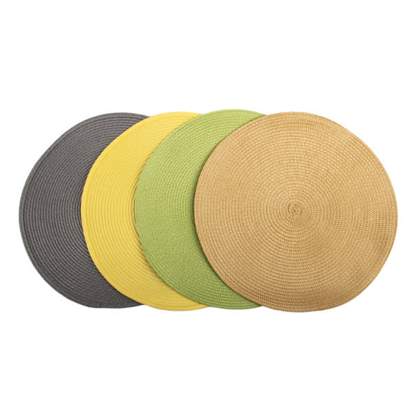 A set of four round placemats in grey, yellow, green, and natural tones, featuring a woven texture. Round PP Woven Placemat - Image 1