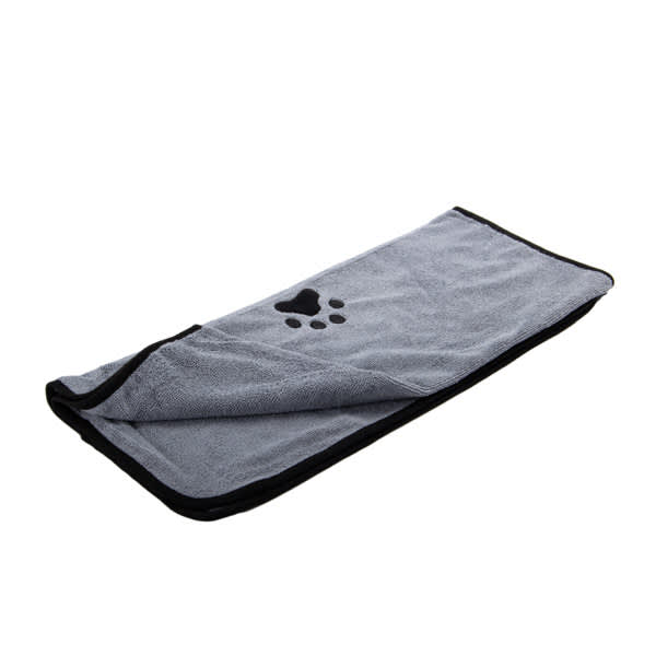 A grey embroidered microfiber pet bath towel featuring a paw print design, with a black trim and a logo. Embroiderd Microfiber Pet Bath Towel - Image 1