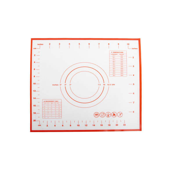 A silicone pastry baking mat in white and red, featuring measurement markings and a circular design. Silicone Pastry Baking Mat With Measurement - Image 1