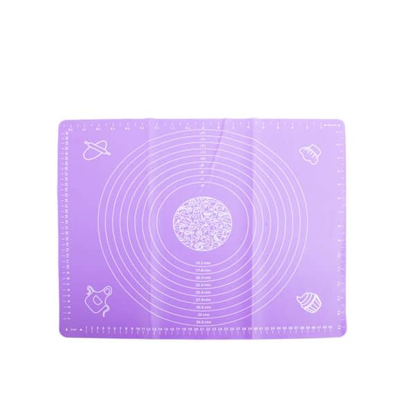 A purple silicone kneading mat with measurement markings and various baking icons. It has branding in one corner. Silicone Kneading Mat - Image 1