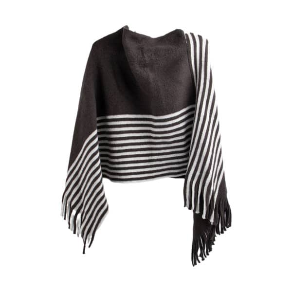 A brown and white striped cotton tassel poncho with fringe detailing. The fabric is soft and lightweight. Women Cotton Tassel Poncho - Image 1