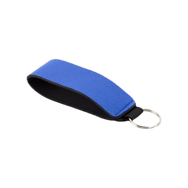 A blue neoprene wristlet keychain with a metal keyring, featuring a simple and sleek design. Personalized Neoprene Wristlet Keychain - Image 1