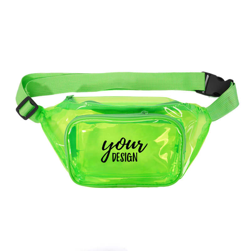 A clear, green adjustable fanny pack with a front pocket and a logo. Suitable for carrying small items. Adjustable Clear Fanny Pack - Image 1
