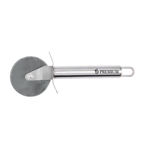 A stainless steel pizza cutter with a silver handle, featuring a smooth, circular blade and a branding logo. Stainless Steel Pizza Cutter With Handle - Image 1