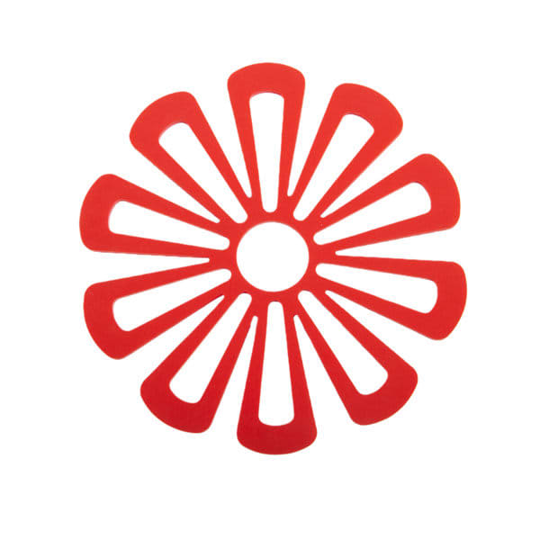 A flower-shaped red silicone coaster with cut-out designs, featuring a central circular opening. Creative Silicone Anti Scald Flower Shaped Coaster - Image 1