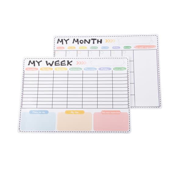 A whiteboard calendar with sections for a month and week, featuring colourful headings and a simple design. Magnetic Refrigerator Calendar Whiteboard - Image 1