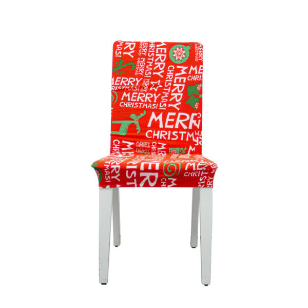 A red elastic chair cover featuring festive Christmas designs, including "Merry Christmas" and decorative motifs. Personalized Household Elastic Chair Cover - Image 1