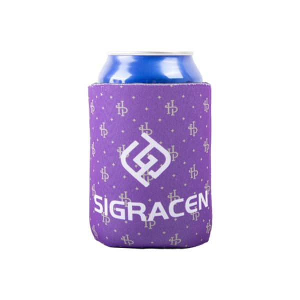 A drink bottle is nestled in a purple foam can cooler sleeve featuring a logo. 11 oz. Foam Can Cooler Sleeve - Image 1