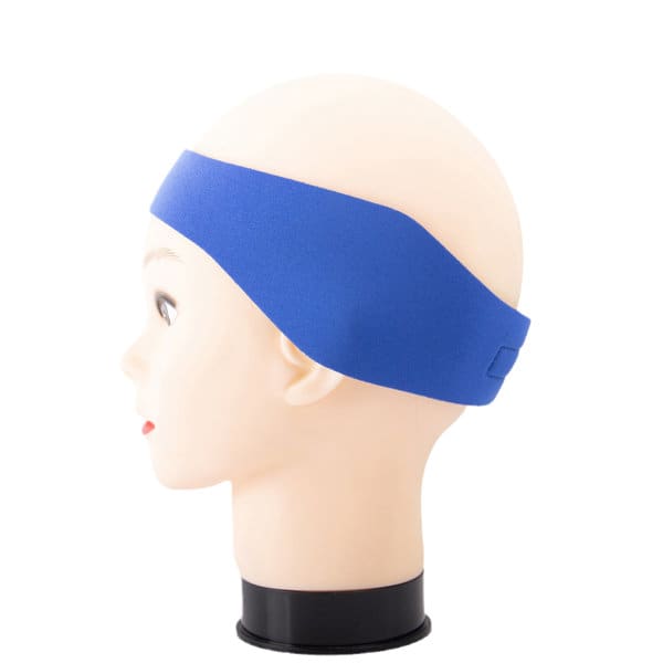 A blue neoprene waterproof headband displayed on a mannequin head, featuring a simple design and an adjustable strap. Adult Neoprene Waterproof Headband - Image 1