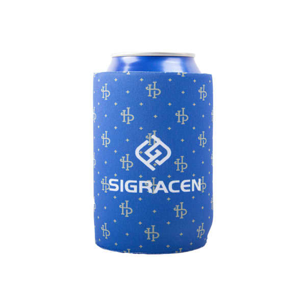 A drink bottle cooler in blue neoprene featuring a repeating pattern and a logo. 12 oz. Neoprene Can Sleeve - Image 1