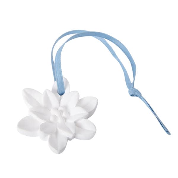 A white porcelain flower diffuser with a light blue ribbon for hanging. Ideal for home fragrance. Hanging Porcelain Flower Diffuser - Image 1