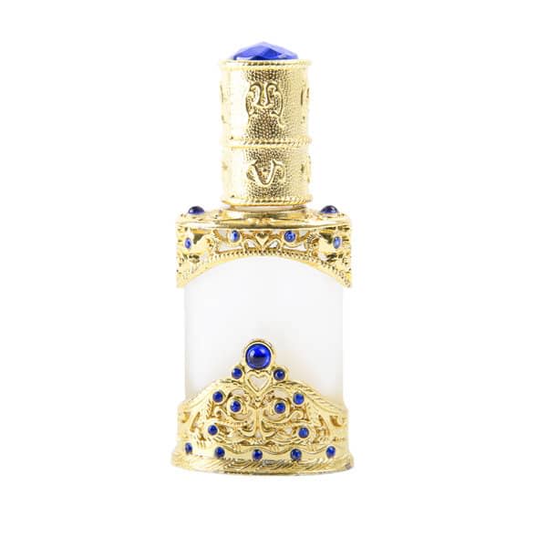 A decorative 12ml perfume oil dropper bottle with a gold and blue design. Suitable for home decor or personal use. 12ml Middle East Dubai Refillable Perfume Oil Dropper Bottle - Image 1