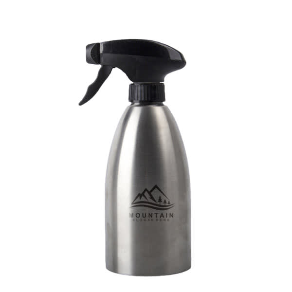 A 17 oz. stainless steel oil sprayer bottle with a black spray nozzle and a logo. 17 oz. Stainless Steel Oil Sprayer Bottle - Image 1