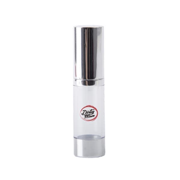 A clear 15ml airless pump bottle with a silver cap and a logo on the front. Suitable for beauty products. 15ml AS Clear Airless Pump Bottle - Image 1